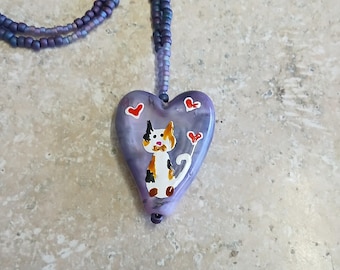 Calico cat lampwork bead necklace 24" long