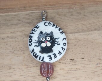 Coffee Time Cat lampwork bead  pendant
