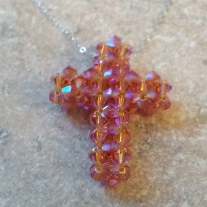 peach pink double ab Swarovoski Crystal woven Cross necklace with sterling silver 18&quot; chain