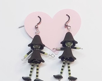 Halloween Beaded Witch in high heels sterling silver or stainless steel earrings , Witch earrings, witch beaded earrings