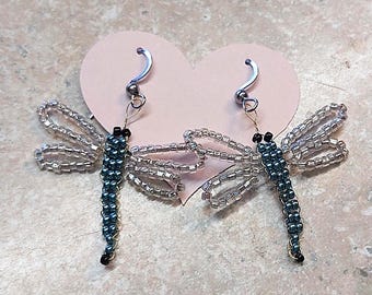 Beaded Dragonfly earrings, stainless steel earrings