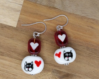 Cat valentine Lampwork bead earrings with sterling silver hooks, cat bead, cat lampwork