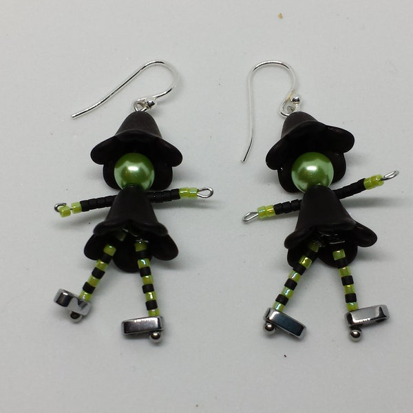 Halloween Beaded Witch in high heels sterling silver or stainless steel earrings , Witch earrings, witch beaded earrings