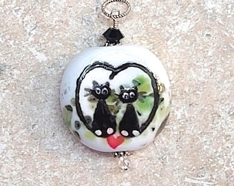 Heart cats lampwork bead, cat bead, glass cat bead