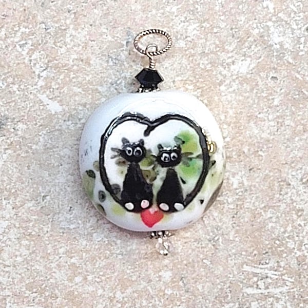 Heart cats lampwork bead, cat bead, glass cat bead