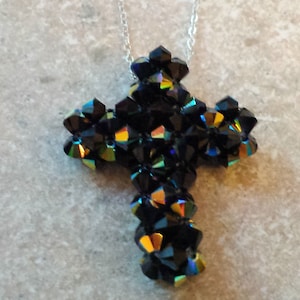 Black ab Swarovoski Crystal woven Cross necklace with sterling silver 18&quot; chain