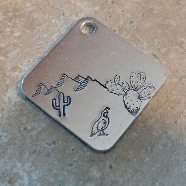 Dog Tag Desert cactus, quail  Diamond shape, Custom dog tag stamped , Pet tag Personalized, Pet ID Tag, Pet Identification, Custom Pet Tag