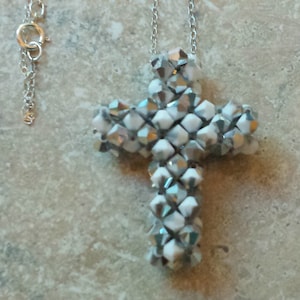 white and silver Swarovoski Crystal woven Cross necklace with sterling silver 18&quot; chain