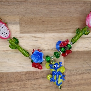 lizard, dragonfruit, kiwi flowers and cactus lampwork necklace, Cactus lampwork
