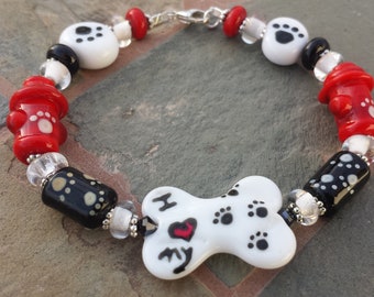 I love my dog Lampwork bead bracelet with sterling silver clasp