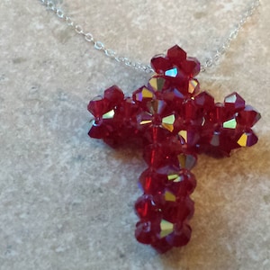 dark red Swarovoski Crystal woven Cross necklace with sterling silver 18&quot; chain