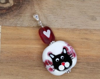 Cat valentine Lampwork bead pendant with sterling silver bail, cat bead, cat lampwork
