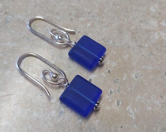 CJ Jewelry Frosted blue glass Earrings Sterling silver hooks are interchangable