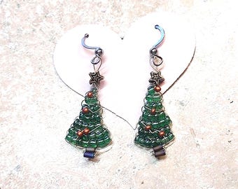 Beaeded Christmas tree earrings , Christmas earrings, Christmas earrings ,stainless steel hooks