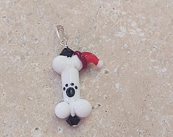 Santa Dog Bone pawprint lampwork glass bead pendant  , dog bead, pawprint bead