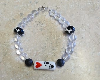 heart dog print paw dog Lampwork bead bracelet