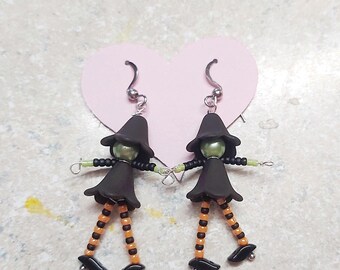 Halloween Beaded Witch in high heels sterling silver or stainless steel earrings , Witch earrings, witch beaded earrings