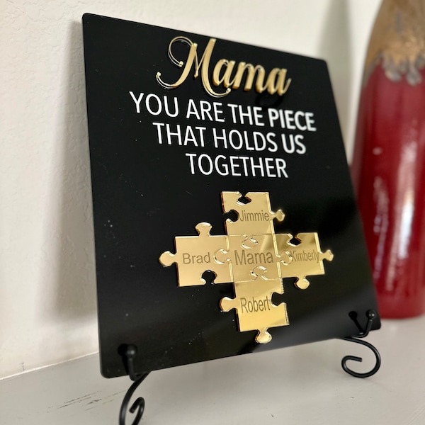 Black and Gold Custom Mom Puzzle Sign, Acrylic Jigsaw on Easel Gift, Engraved Puzzle Plaque,Birthday Gift, Gift for Mama, Mother, etc.