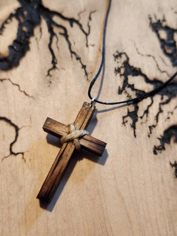 Small Rustic Wooden Cross of Jesus Christ: Christian, Catholic, Hand Made Carved Wood, Necklace, Jewelry, Cross Pendant, Male Female