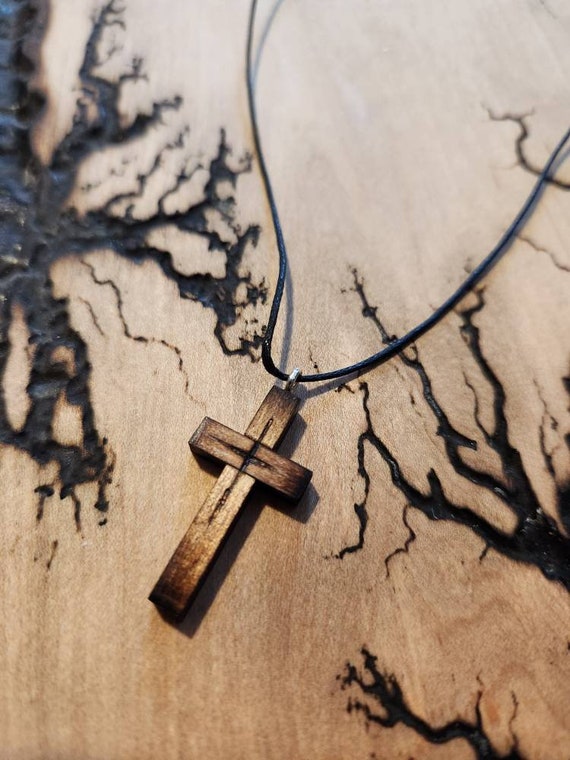 Small Rustic Wooden Cross of Jesus Christ: Christian, Catholic, Hand Made Carved Wood, Necklace, Jewelry, Cross Pendant, Male Female