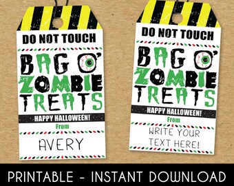 Printable Halloween Tags - Kids Halloween Party Favors - Instant Download Zombie Treat Bag Tags - Candy Bag Labels - School Trick or Treat