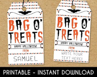 Printable Halloween Treat Bag Tags - Kids Halloween Tags - Halloween Party Favor Tags   Digital File - Trick or Treat Candy Bag Labels