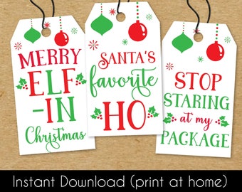 Funny Christmas Tags - Printable Holiday Gift Tag Set - Christmas Label Download Digital File - Adult Naughty List Gift Wrap To From Tags