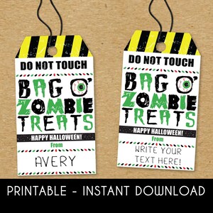 May include: Two printable Halloween treat bag tags with a black and green "Bag O' Zombie Treats" design. The tags have a yellow and black striped warning sign background. One tag has the text "From Avery" and the other has the text "Write your text here!"