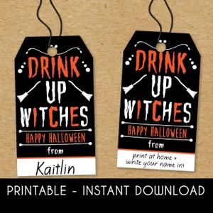 Etiquetas de vinho de Halloween para impressão - Etiquetas de lembrancinhas em PDF - Imprima em casa Etiquetas de rótulos de garrafas para festa de Halloween - Etiquetas de vinho engraçadas - Drink Up Witches