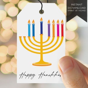 Printable Hanukkah Tags for all 8 Nights of Hanukkah - Digital Download Hanukkah Gift Tags - Print at Home Kids Hanukkah Menorah Hang Tags