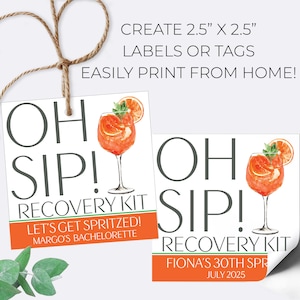 Oh Sip Aperol Spritz Recovery Kit | Editable Favor Hang Tag or Label Template | Printable Bachelorette Hangover Kit Tag | Instant Download