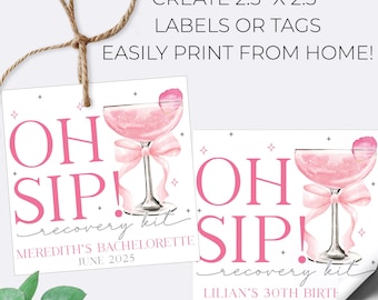 Oh Sip Pink Champagne Recovery Kit Editable Favor Hang Tag Template | Printable Bachelorette Hangover Kit | Bridal Shower Instant Download