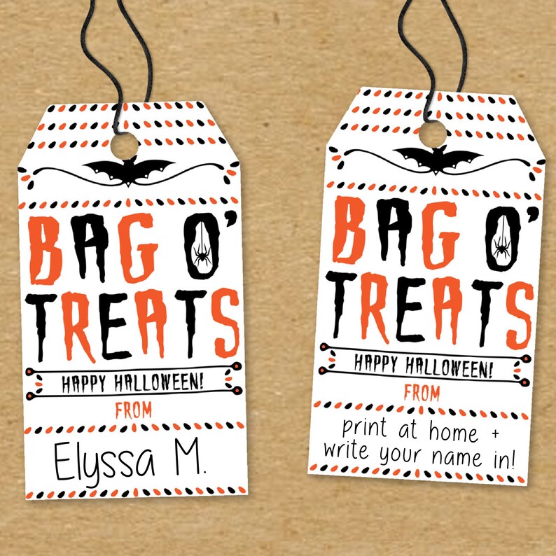 May include: Two printable Halloween treat bag tags featuring a black bat and spider design. The text on the tags reads "Bag O' Treats" with "Happy Halloween!" and "From" below. One tag has the name "Elyssa M." printed below the "From" line. The other tag has the text "print at home + write your name in!" below the "From" line.