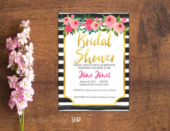 Bridal Shower Invitation 5x7 Black And White Striped With Gold Etsy