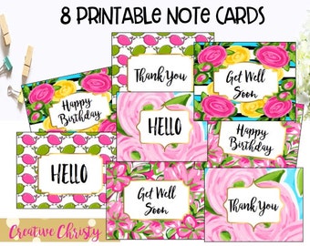 Colorful Pink and Green Note Cards Printable set of 8 Stationery floral