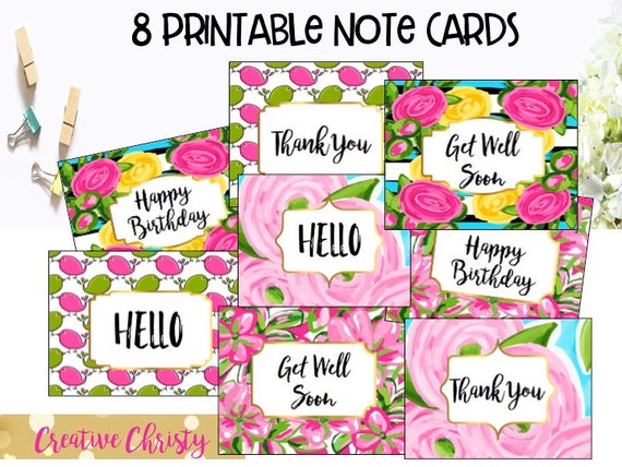 Colorful Pink and Green Note Cards Printable Set of 8 - Etsy