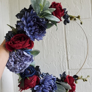 Floral Hoop Bouquet, Flower Wreath, Floral Hoop Decor, Dusty Blue and Maroon