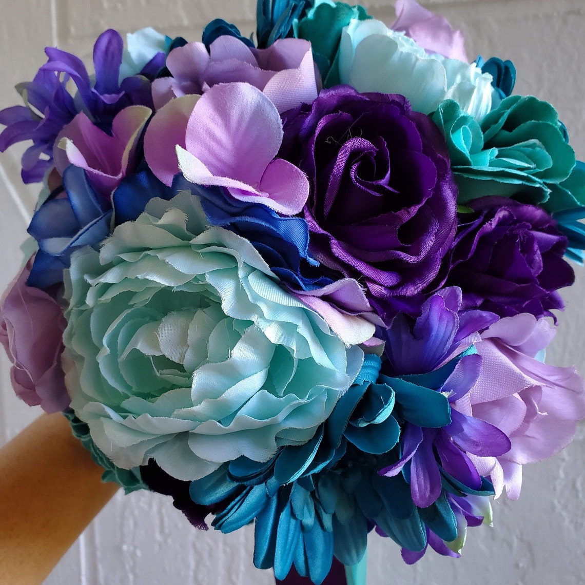 Bridal Bouquet Teal Purple Wedding Silk Flowers Vibrant Etsy