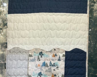 Mountain Baby quilt, Mountain baby blanket, Blue and gray baby quilt, Baby boy quilt, Handmade baby quilt