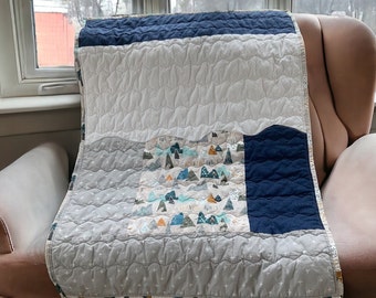 Mountain Baby quilt, Mountain baby blanket, Blue and gray baby quilt, Baby boy quilt, Handmade baby quilt