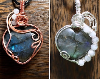 Labradorite Heart & Moonstone Wire Wrapped Necklaces