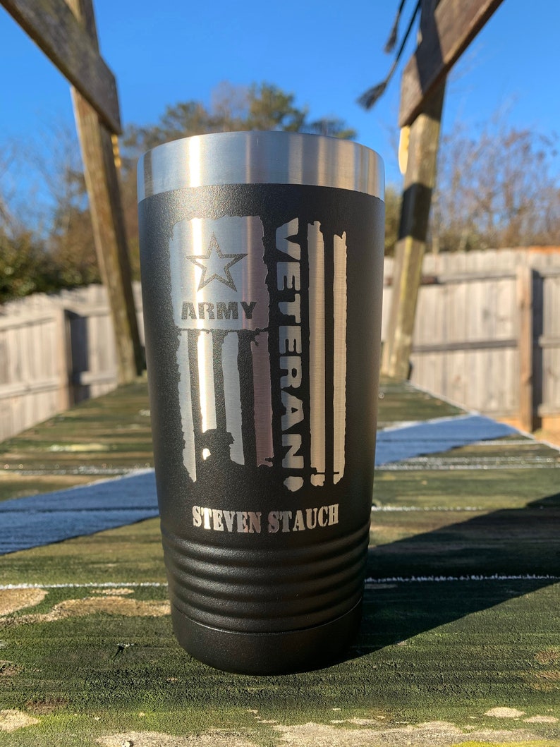 20 Oz Laser Engraved Army Tumbler American Flag Tumbler Etsy