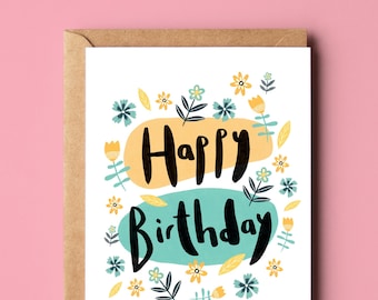 Happy Birthday Folk Florals Card | Eco Friendly Recycled Greetings Card