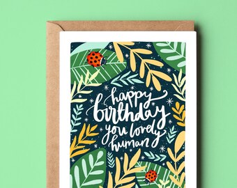 Belle carte humaine de joyeux anniversaire, carte de voeux d'anniversaire écologique recyclée dans la jungle