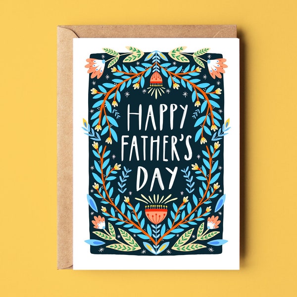 Happy Father's Day Folk Art Card, Eco Recycled Dad Nature Gardener Greetings Card