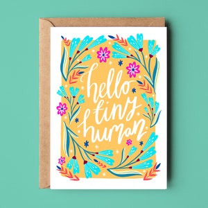 Carte Hello Tiny Human, carte de naissance éco-recyclée pour la fête d'un nouveau-né
