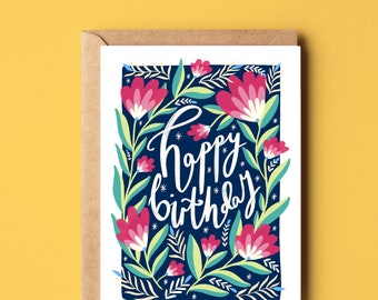 Happy Birthday Blue Florals Card, Eco Recycled Nature Birthday Card