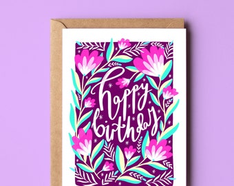 Happy Birthday Purple Florals Card, Eco Recycled Nature Gardener Birthday Greetings Card