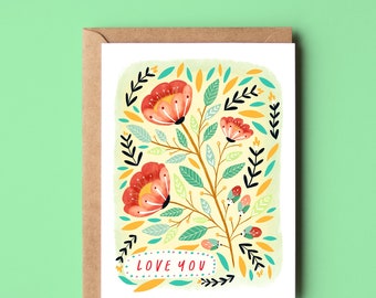 Love You Florals Card, Eco Recycled Gardener Friendship Valentine's Day Card, Anniversary Card