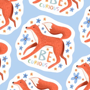 Be Curious Fox pegatina impermeable, pegatina de vinilo sin plástico para portátiles, botellas de agua + cuadernos
